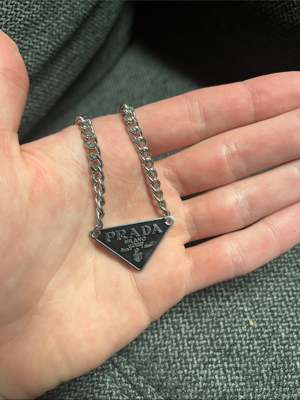 Upcycled Prada Silver Triangle Logo Pendant Necklace - Unisex